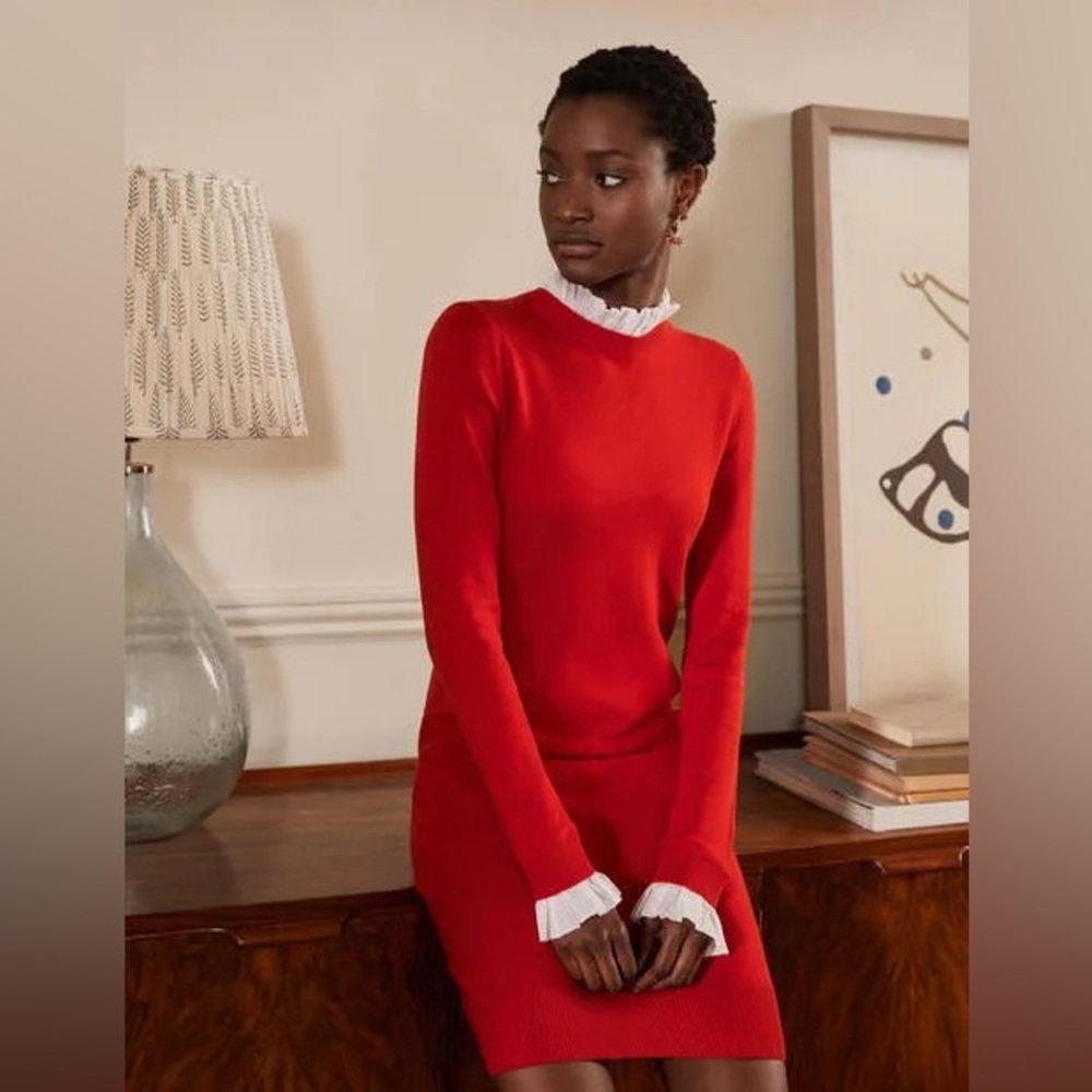 Boden Beatrice red knitted dress with frill collar and cuffs